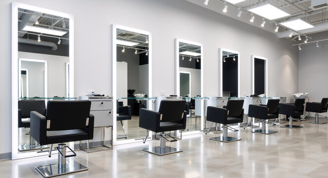 Modern hair salon interior with a row of empty styling stations. Professional barbershop and beauty salon with black chairs and backlit mirrors