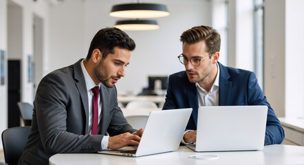 Two professional businessmen collaborating on a laptop in a modern office. Male colleagues working together on a project. Teamwork and partnership concept