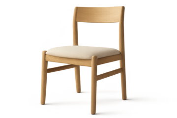 Minimalist wooden chair with upholstered seat, transparent background, isolated