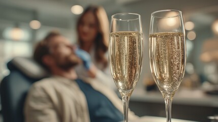 Two glasses of champagne in the foreground with a relaxed Caucasian man in a dental chair and a young woman in a medical coat in the background.