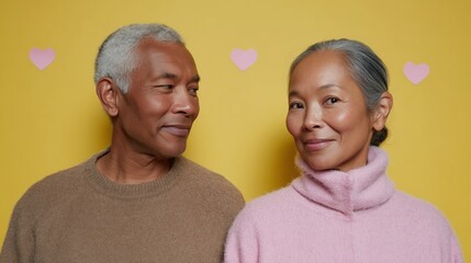 Senior African man and Asian woman smiling at each other against a yellow background with heart decorations. They are dressed in warm sweaters.