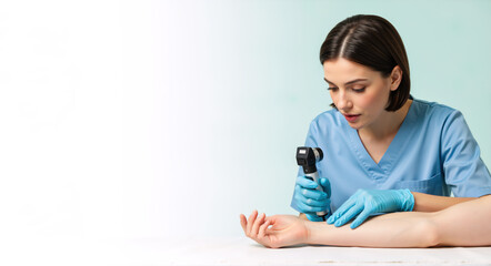Dermatologist using a dermatoscope for a skin examination on a patient's arm. Medical professional checking for moles during a clinical checkup. Banner with copy space