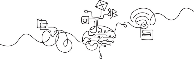 Continuous line art or One Line Drawing of artificial intelligence, future technology and communication concept. one line Icon drawing © firoz