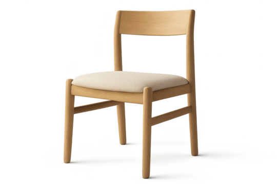 Minimalist wooden chair with upholstered seat, transparent background, isolated