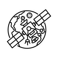 Communication Satellite Orbiting Earth with Solar Panels and Antenna Line Art Icon