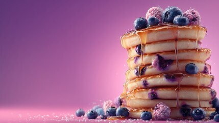 Stack of fluffy pancakes topped with blueberries and syrup on a vibrant pink background. Sweet breakfast concept.