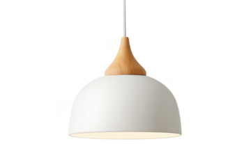 Sleek modern white pendant light with wooden accent isolated on transparent.