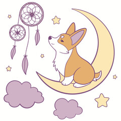 Playful Happy Corgi design, styled with sitting on a moon and Dreamland shades in a Fantasy dream setting