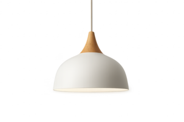 Modern white pendant lamp with wooden detail, isolated on transparent background