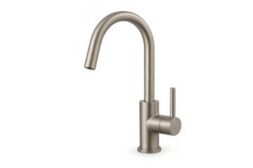 Modern brushed nickel kitchen faucet, isolated on a transparent background, clean design