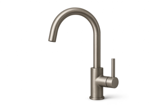 Modern brushed nickel kitchen faucet with gooseneck spout, isolated on transparent background
