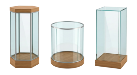 Selection of three display cases showcase varied geometric shapes on transparent setup