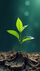 A lone green sprout courageously grows from dry, cracked soil, a powerful metaphor for hope, new life, and ecological sustainability in a changing world