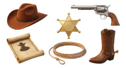 Western Icons Collection featuring Cowboy Hat, Revolver, Sheriff Badge, Scroll and Accessories