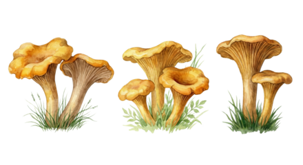 Elegant watercolor painting of chanterelle mushrooms with detailed texture on transparent
