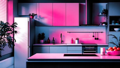 Contemporary kitchen interior illuminated by striking neon pink and blue light, showcasing modern design elements.