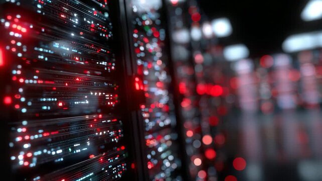 Close-up of sleek black servers lined in symmetry, their panels glowing with sharp red reflections, alert icons flashing in digital displays