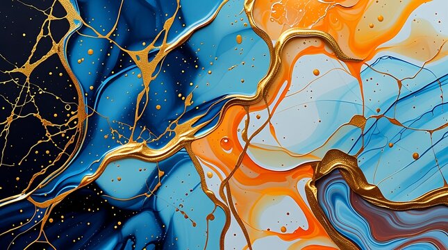 Abstract fluid art with swirling blues oranges and gold accents creating a luxurious marble effect