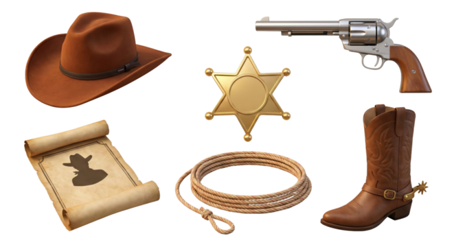 Western Icons Collection featuring Cowboy Hat, Revolver, Sheriff Badge, Scroll and Accessories - Powered by Adobe