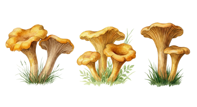 Elegant watercolor painting of chanterelle mushrooms with detailed texture on transparent
