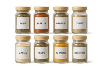 Assorted glass spice jars with herbs and spices, isolated transparent.