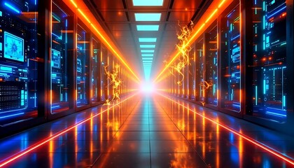 Futuristic data center corridor with glowing blue and orange lights and dynamic energy flow, high-tech.