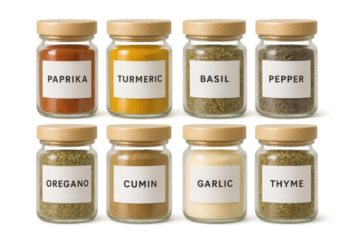 Eight various spice jars, essential seasonings, isolated on transparent background