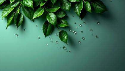 Fresh green leaves with water droplets on a serene teal background evoking nature s purity and vitality