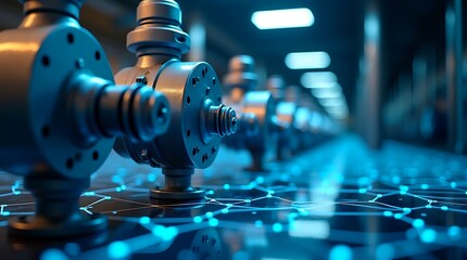 Futuristic industrial machinery with glowing blue energy conduits and intricate metallic structures in a dimly lit factory setting