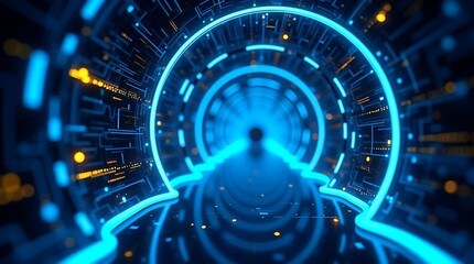 Futuristic neon blue tunnel with glowing circuits and abstract data streams