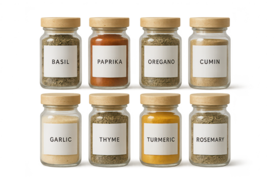 Assorted glass spice jars with herbs and spices, isolated transparent.