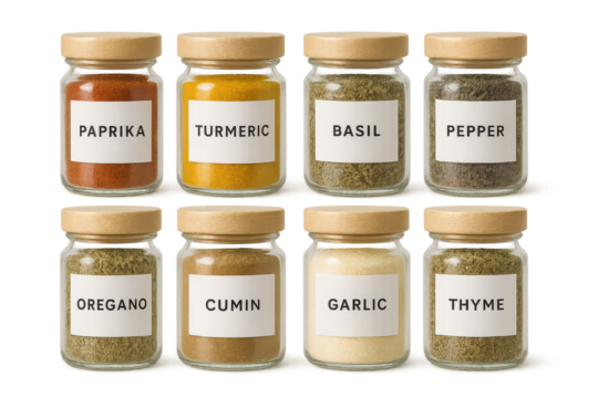 Eight various spice jars, essential seasonings, isolated on transparent background