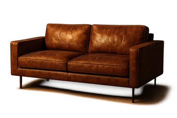 Obraz premium Stylish brown leather two-seater sofa isolated on transparent background