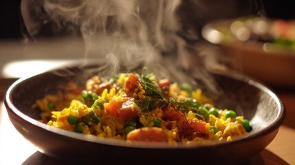 Steaming Bowl of Flavorful Rice Dish with Fresh Green Peas and Aromatic Spices Served in a Rustic Wooden Bowl