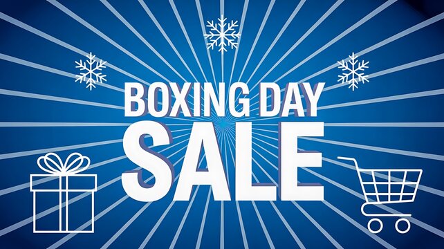 Boxing day sale banner with gift and cart icons on blue background