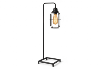 Industrial style floor lamp with glowing Edison bulb isolated on transparent background.