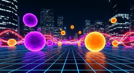 Vibrant neon orbs and energy waves illuminate a futuristic cityscape grid at night