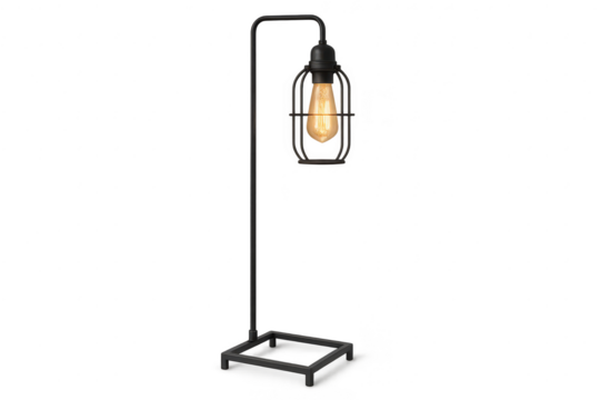 Industrial style floor lamp with glowing Edison bulb isolated on transparent background.