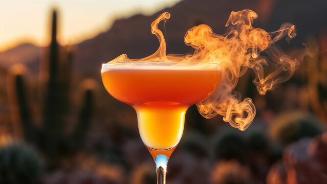 Desert Margarita Cocktail with Orange Smoke Effect in Sunset Cactus Landscape