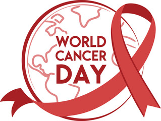 World cancer day globe with red awareness ribbon for global health