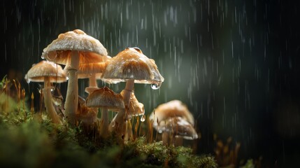 Fototapeta premium Close-Up of Mushrooms in Rainy Forest with Water Droplets Capturing the Natural Beauty and Delicate Details of Fungi on a Mossy Surface