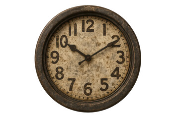 Vintage distressed wall clock, isolated on transparent background, showing time