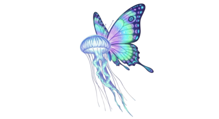Surreal art illustration of jellyfish with butterfly wings isolated PNG with Transparent Background