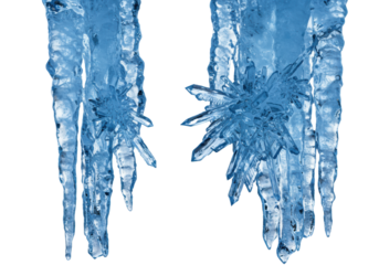 photorealistic macro shot of sharp, sapphire blue icicles featuring detailed frosty rime and geometric facets, isolated against a transparent studio background. concept of frozen geometry