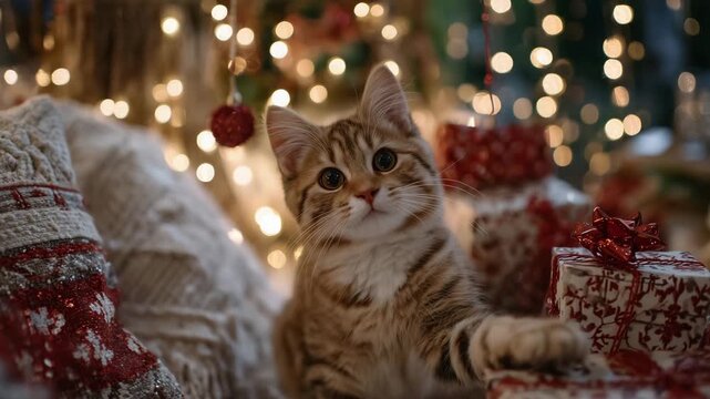 Cozy living room scene with a curious tabby cat pawing at a dangling red ornament, surrounded by wrapped gifts and glowing string lights