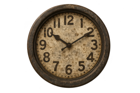 Vintage distressed wall clock, isolated on transparent background, showing time