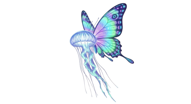 Surreal art illustration of jellyfish with butterfly wings isolated PNG with Transparent Background
