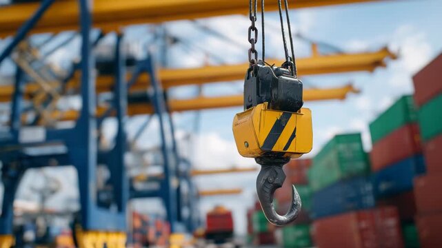 Crane hook in sharp focus lifting a container, colorful stacks of cargo behind, busy port activity subtly blurred under bright daytime lighting