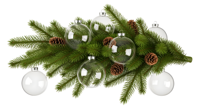 Festive evergreen branches adorned with clear and white ornaments and natural pinecones, evoking holiday cheer.