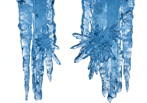 photorealistic macro shot of sharp, sapphire blue icicles featuring detailed frosty rime and geometric facets, isolated against a transparent studio background. concept of frozen geometry